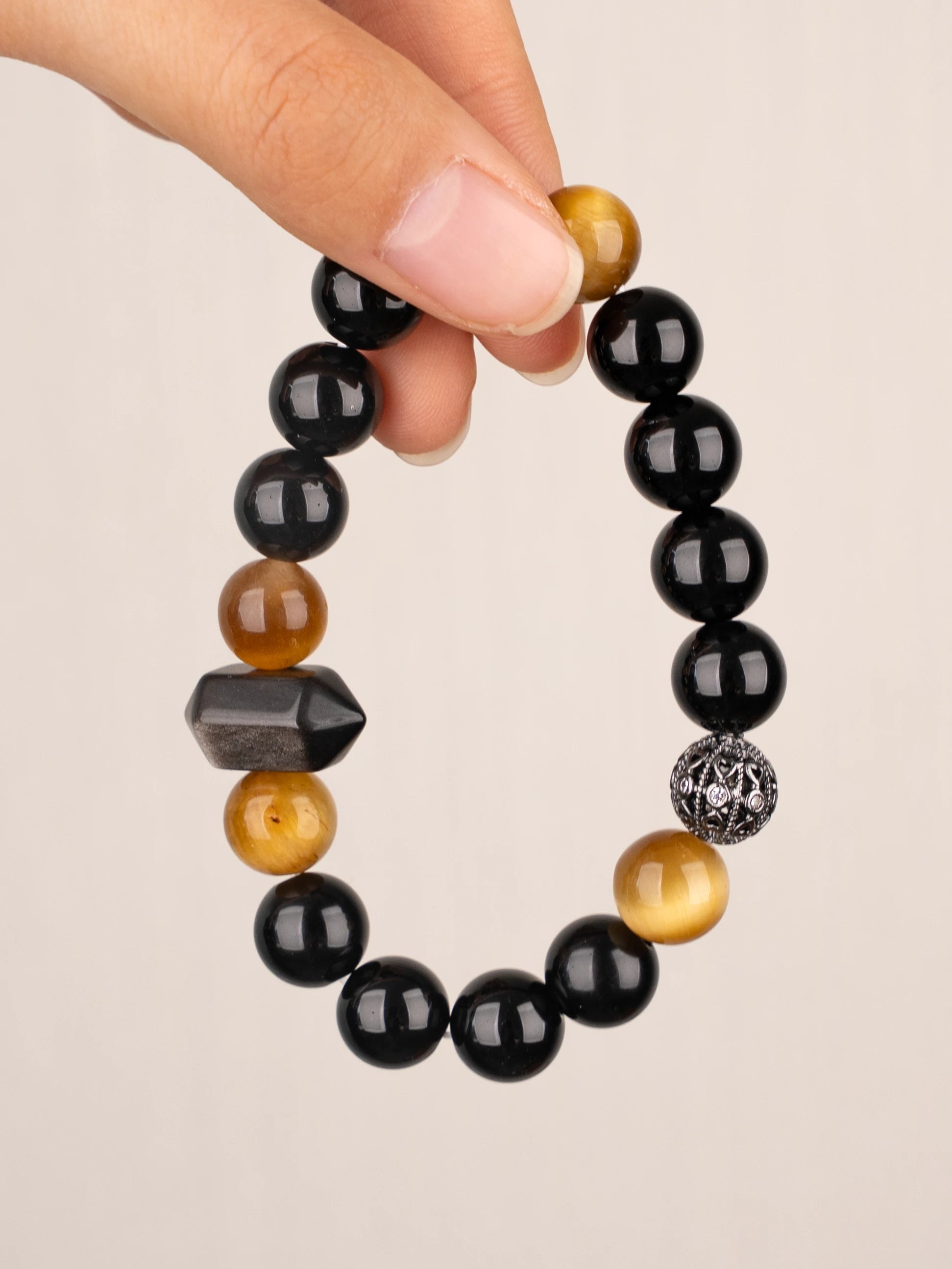 SENLLY Ember Shadow - Black Agate, Tiger Eye & Silver Obsidian Bracelet, Handcrafted Natural Stone Jewelry for Strength & Modern Style