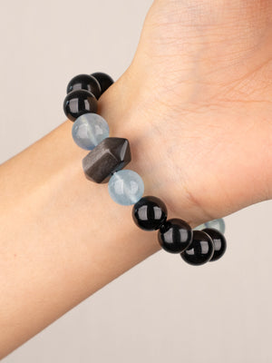 SENLLY Arctic Shadow - Aquamarine, Black Agate & Silver Obsidian Bracelet, Handcrafted Natural Stone Jewelry for Calm, Strength & Modern Style