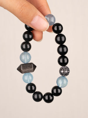 SENLLY Arctic Shadow - Aquamarine, Black Agate & Silver Obsidian Bracelet, Handcrafted Natural Stone Jewelry for Calm, Strength & Modern Style