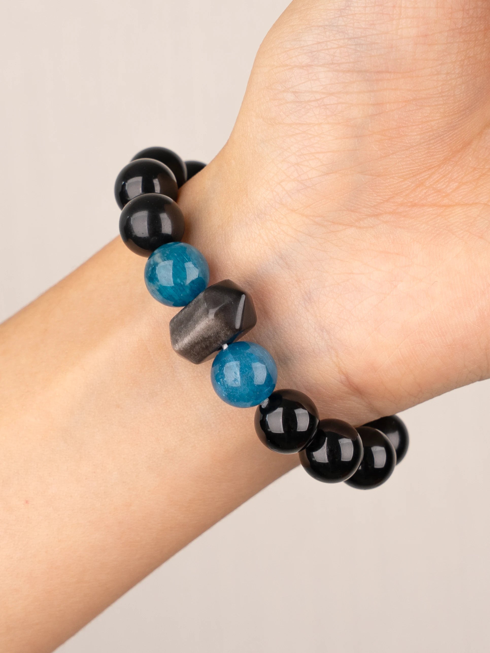 SENLLY Midnight Tide - Bracelet with Blue Apatite, Black Agate & Silver Obsidian, Handcrafted Natural Stone Jewelry for Focus, Confidence & Grounding Energy