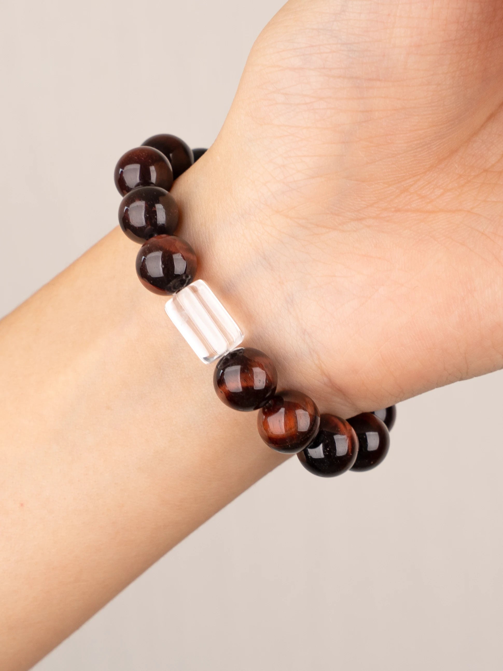 SENLLY Ember Glow - Red Tiger Eye & Clear Quartz Bracelet, Handcrafted Natural Stone Jewelry with Deep Mahogany Shine & Crystal Accents