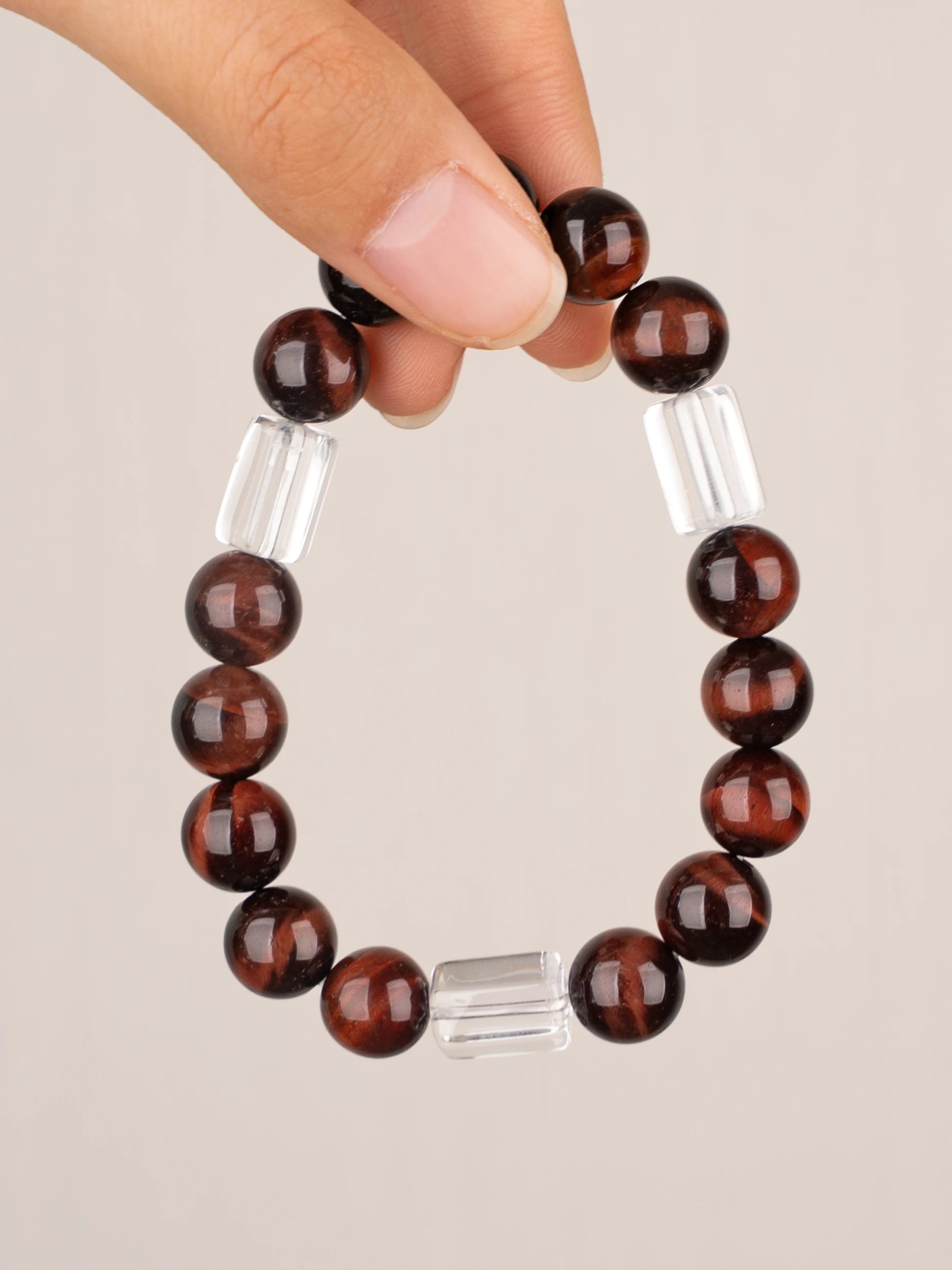 SENLLY Ember Glow - Red Tiger Eye & Clear Quartz Bracelet, Handcrafted Natural Stone Jewelry with Deep Mahogany Shine & Crystal Accents