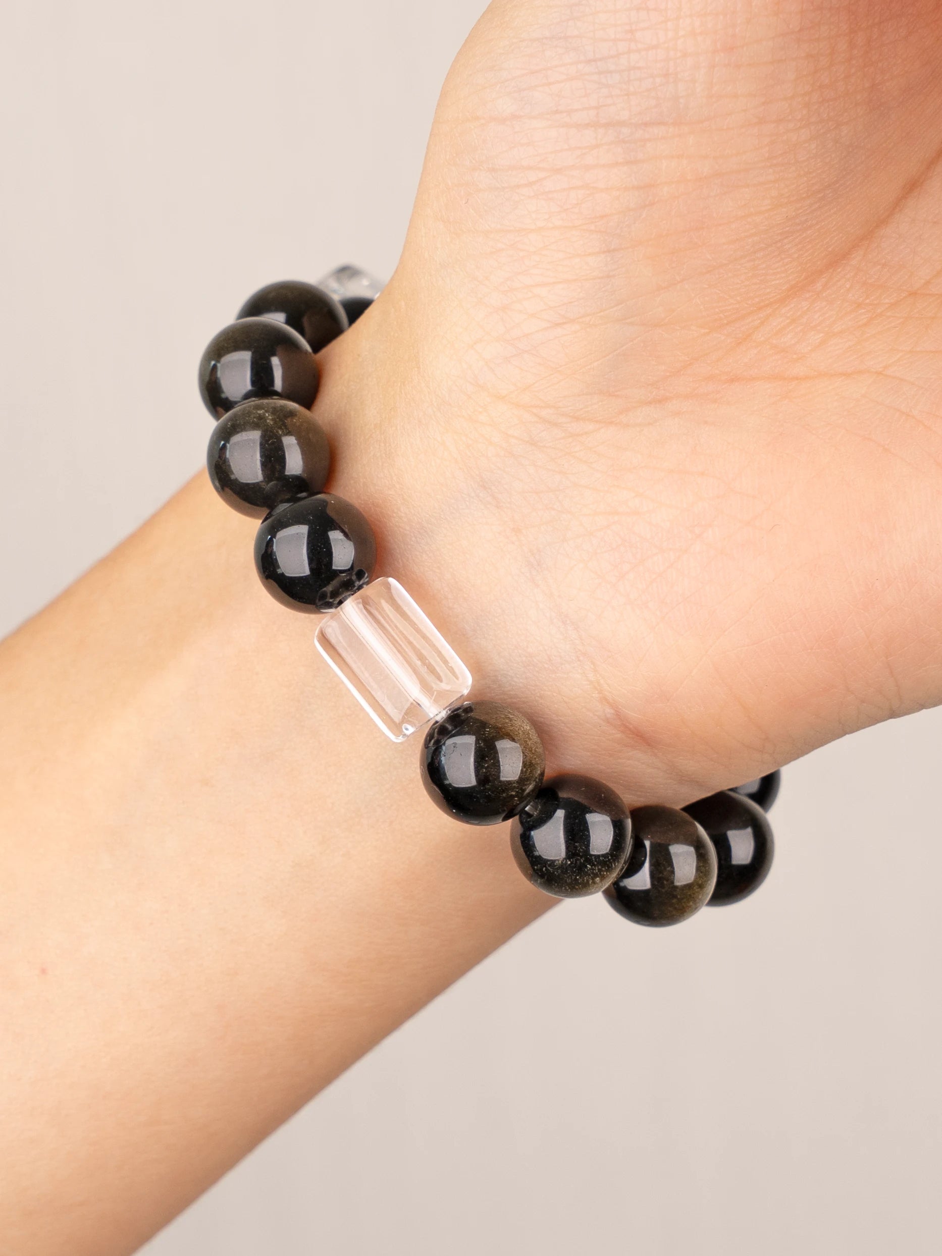 SENLLY Midnight Glow - Gold Obsidian & Clear Quartz Bracelet, Handcrafted Natural Stone Jewelry with Deep Shimmer & Crystal Clarity