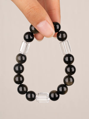 SENLLY Midnight Glow - Gold Obsidian & Clear Quartz Bracelet, Handcrafted Natural Stone Jewelry with Deep Shimmer & Crystal Clarity