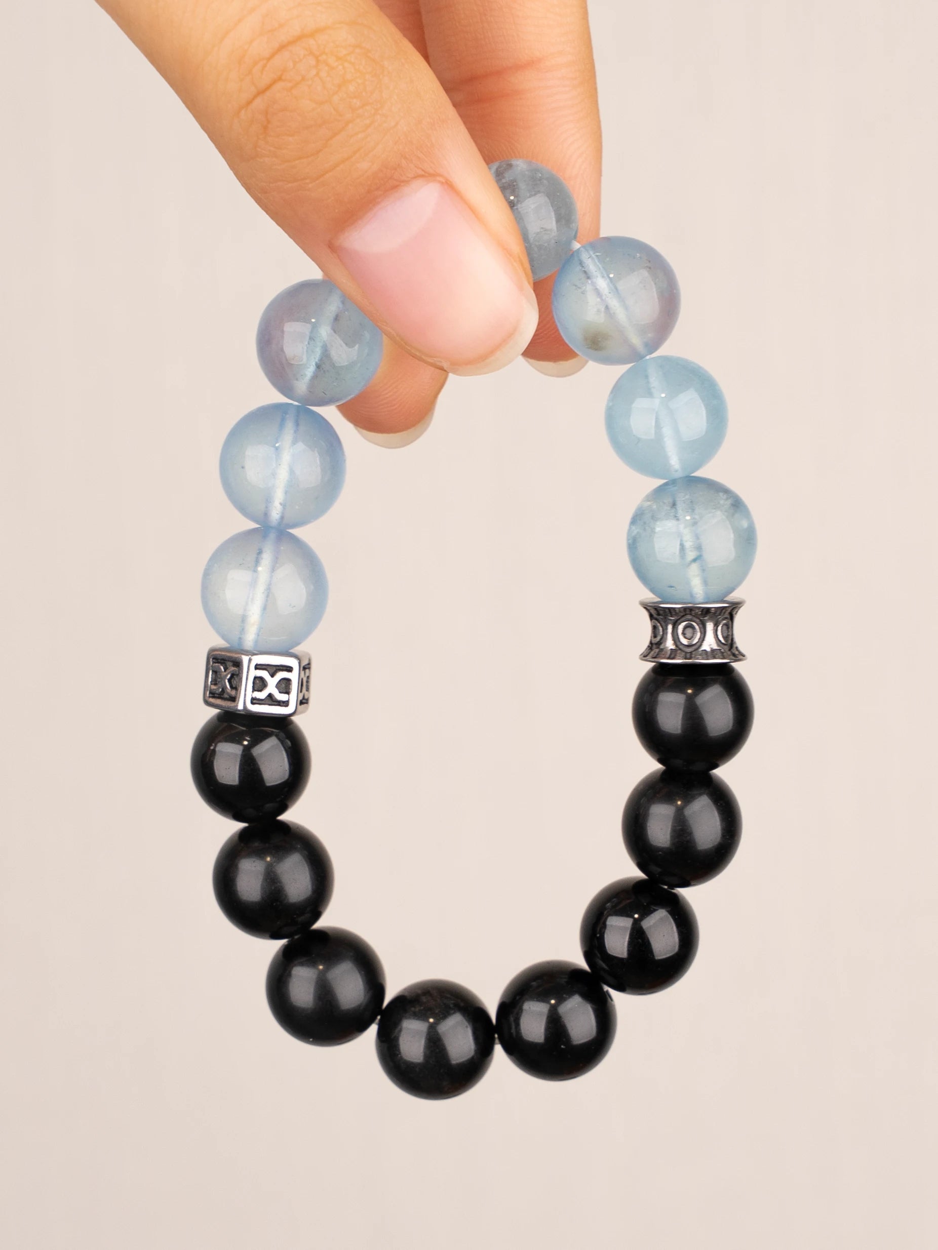 SENLLY Ocean Night - Bracelet with Aquamarine & Black Agate, Handcrafted Natural Stone Jewelry for Calm Focus, Clarity & Everyday Balance