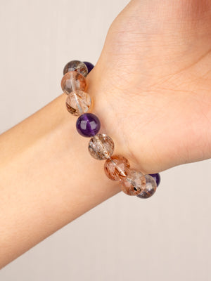 SENLLY Aurora Flame - Beaded Stretch Bracelet with Black Gold Super Seven & Amethyst, Handcrafted Natural Stone Jewelry for Energy, Intuition & Balance