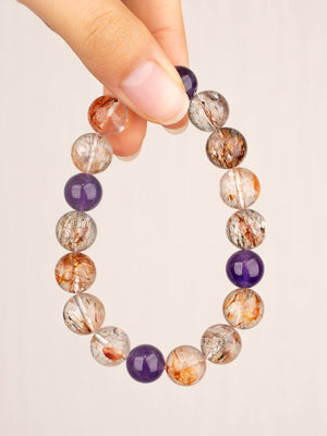 SENLLY Aurora Flame - Beaded Stretch Bracelet with Black Gold Super Seven & Amethyst, Handcrafted Natural Stone Jewelry for Energy, Intuition & Balance