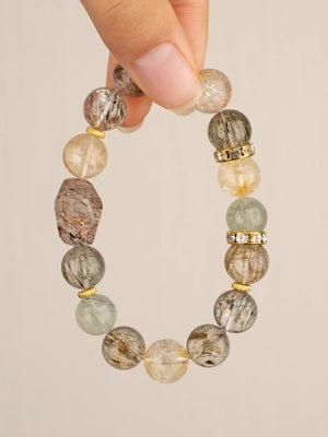 SENLLY Golden Aura - Bracelet with Super Seven, Green Rutilated Quartz & Citrine, Handcrafted Natural Stone Jewelry for Clarity, Wealth Energy & Daily Balance