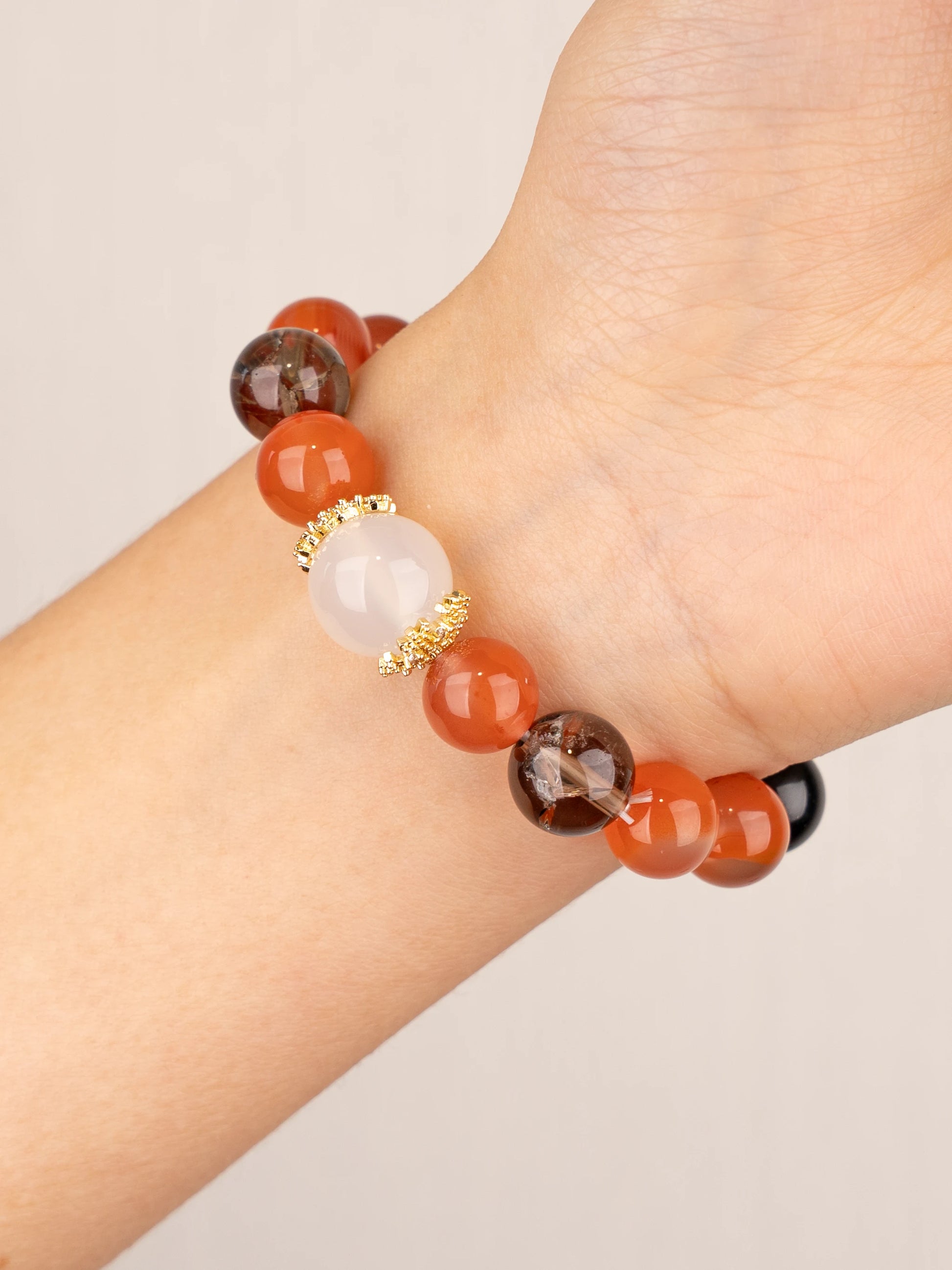 SENLLY Ember Harmony - Beaded Stretch Bracelet with Natural South Red Agate, White Agate, Smoky Quartz & Black Agate, Handcrafted Natural Stone Jewelry for Energy, Balance & Confidence