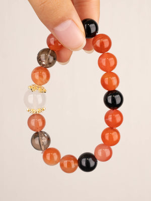 SENLLY Ember Harmony - Beaded Stretch Bracelet with Natural South Red Agate, White Agate, Smoky Quartz & Black Agate, Handcrafted Natural Stone Jewelry for Energy, Balance & Confidence