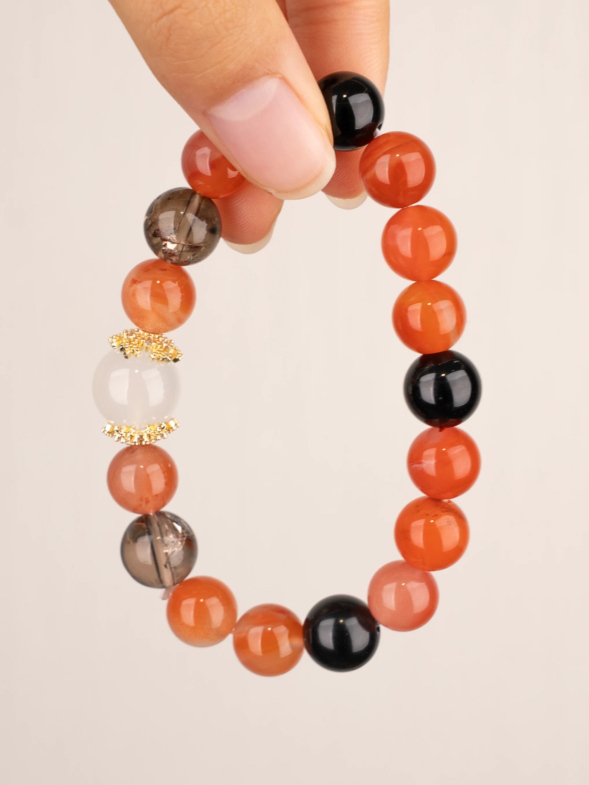 SENLLY Ember Harmony - Beaded Stretch Bracelet with Natural South Red Agate, White Agate, Smoky Quartz & Black Agate, Handcrafted Natural Stone Jewelry for Energy, Balance & Confidence