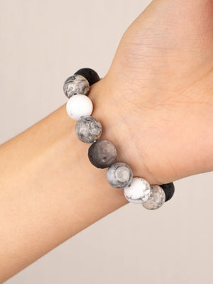 SENLLY Stone Equinox - Beaded Stretch Bracelet with Natural Picasso Jasper, Silver Obsidian & Howlite, Handcrafted Natural Stone Jewelry for Balance, Clarity & Inner Strength
