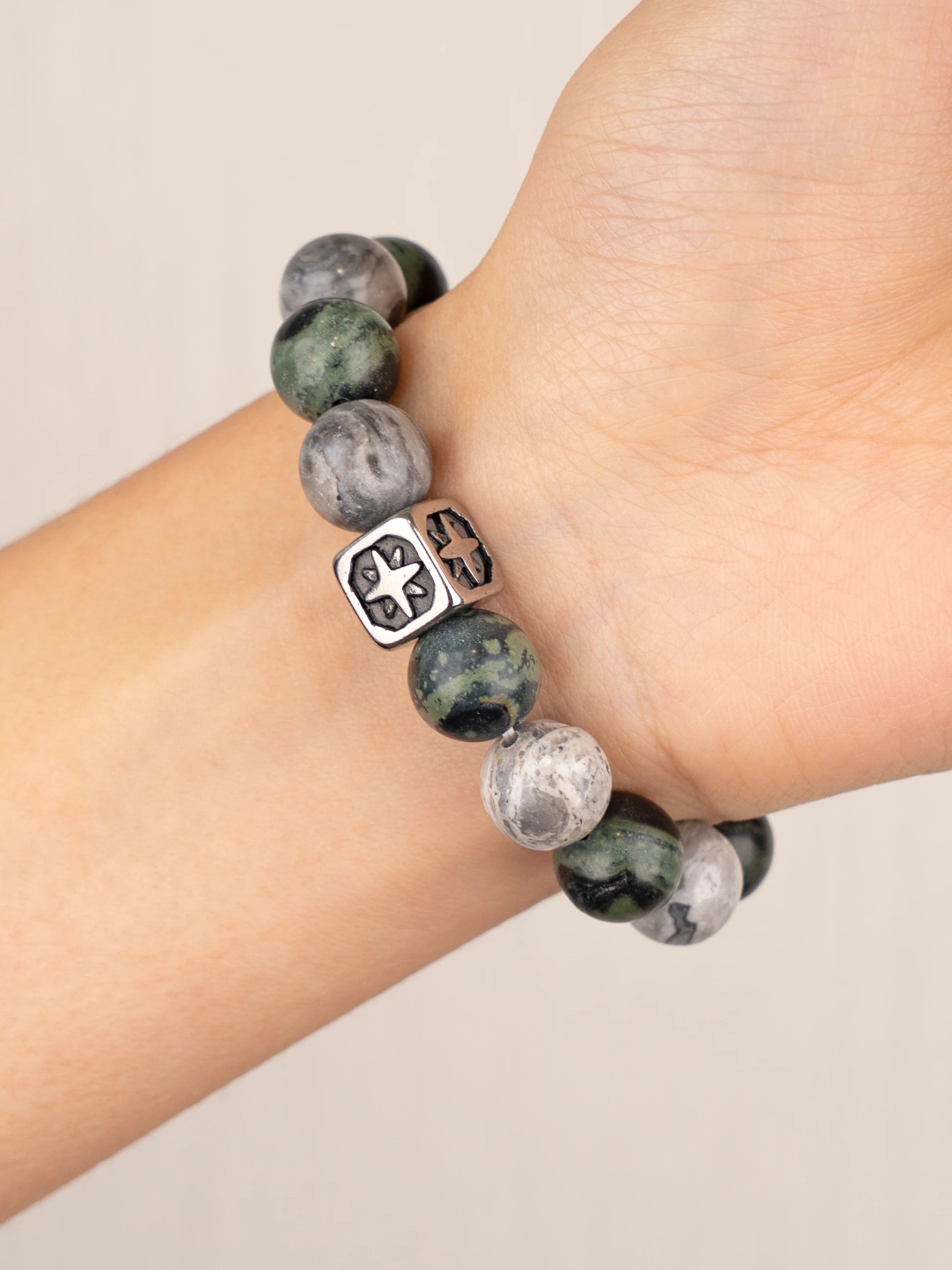 SENLLY Stone Crest - Beaded Stretch Bracelet with Natural Picasso Jasper, Dragon Bloodstone & Metal Accent, Handcrafted Natural Stone Jewelry for Strength, Balance & Clarity