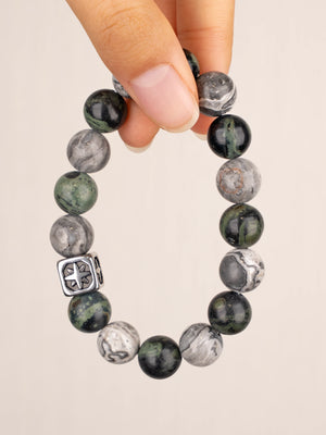 SENLLY Stone Crest - Beaded Stretch Bracelet with Natural Picasso Jasper, Dragon Bloodstone & Metal Accent, Handcrafted Natural Stone Jewelry for Strength, Balance & Clarity