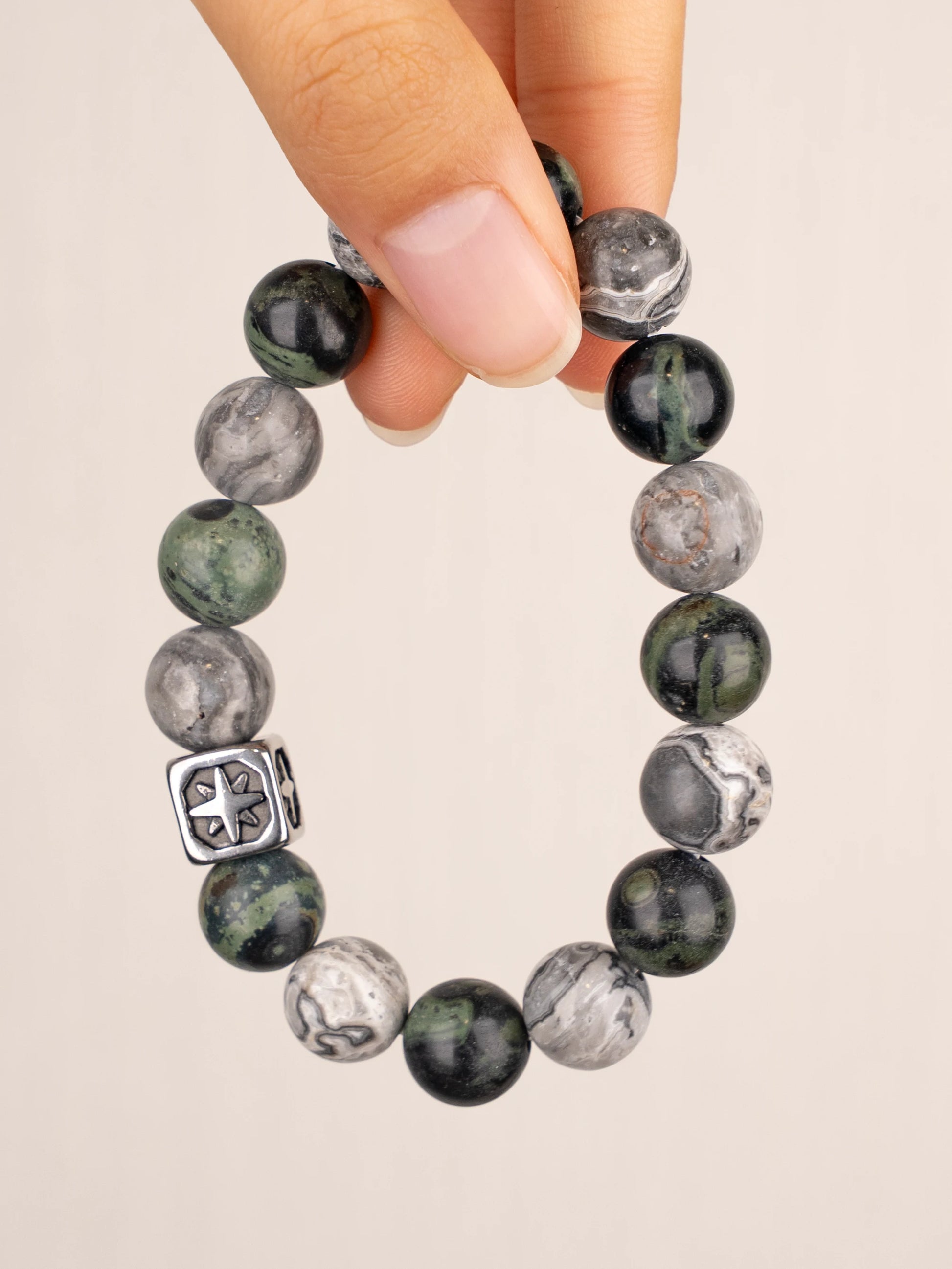 SENLLY Stone Crest - Beaded Stretch Bracelet with Natural Picasso Jasper, Dragon Bloodstone & Metal Accent, Handcrafted Natural Stone Jewelry for Strength, Balance & Clarity