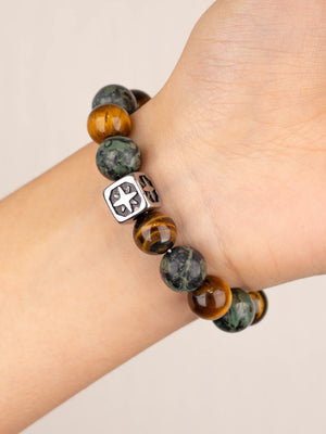 SENLLY Ember Guardian - Beaded Stretch Bracelet with Natural Tiger Eye, Dragon Bloodstone & Metal Accent, Handcrafted Natural Stone Jewelry for Strength, Focus & Grounding