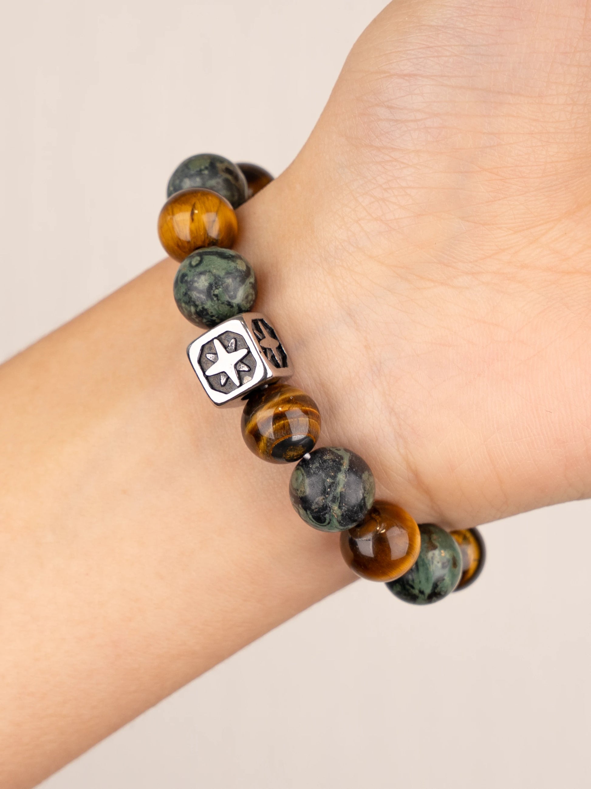 SENLLY Ember Guardian - Beaded Stretch Bracelet with Natural Tiger Eye, Dragon Bloodstone & Metal Accent, Handcrafted Natural Stone Jewelry for Strength, Focus & Grounding