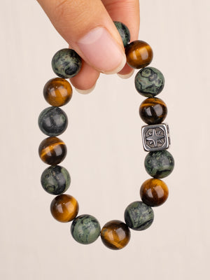 SENLLY Ember Guardian - Beaded Stretch Bracelet with Natural Tiger Eye, Dragon Bloodstone & Metal Accent, Handcrafted Natural Stone Jewelry for Strength, Focus & Grounding
