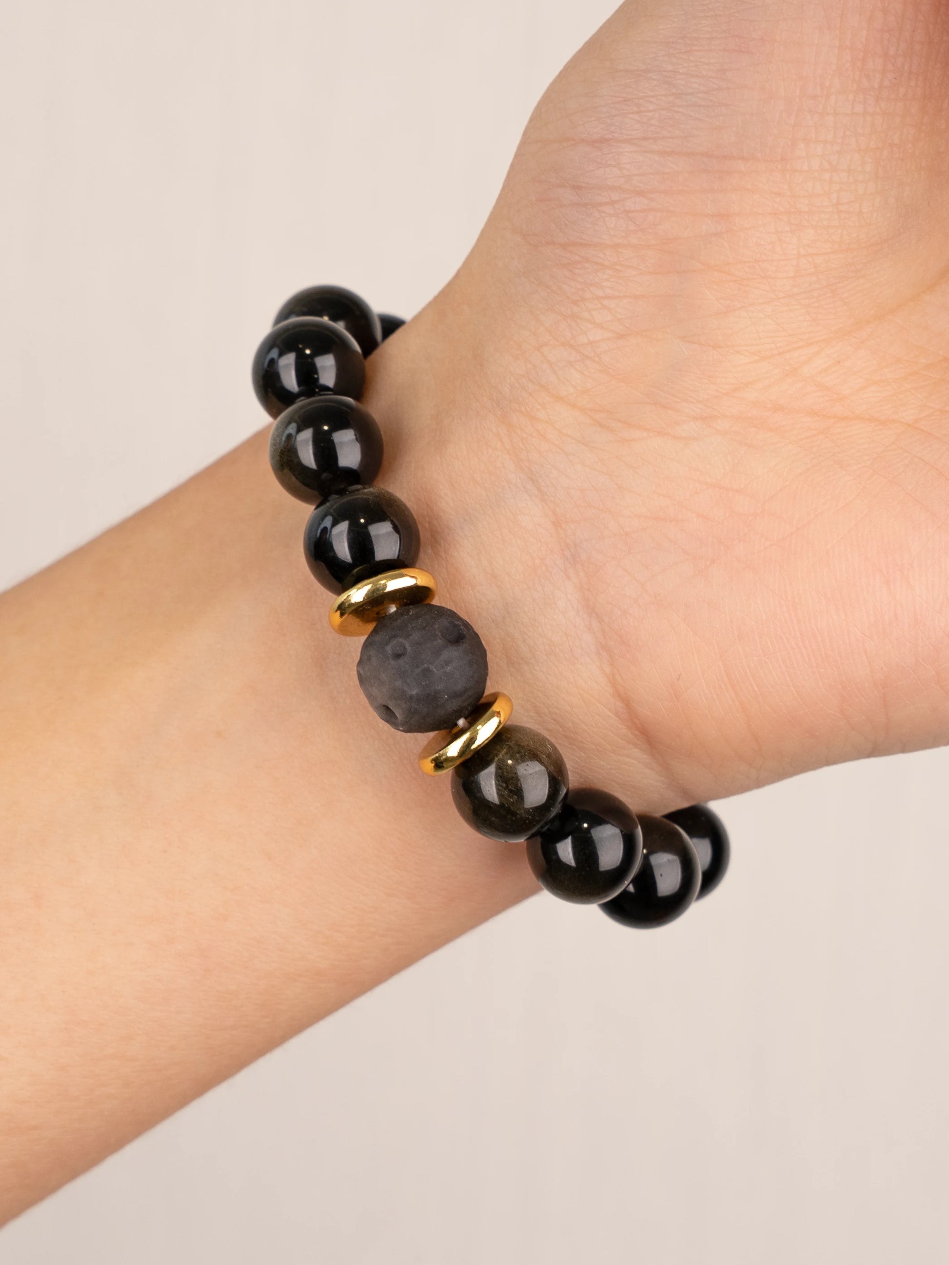 SENLLY Shadow Ember - Beaded Stretch Bracelet with Natural Gold Obsidian, Handcrafted Natural Stone Jewelry for Protection, Strength & Grounding