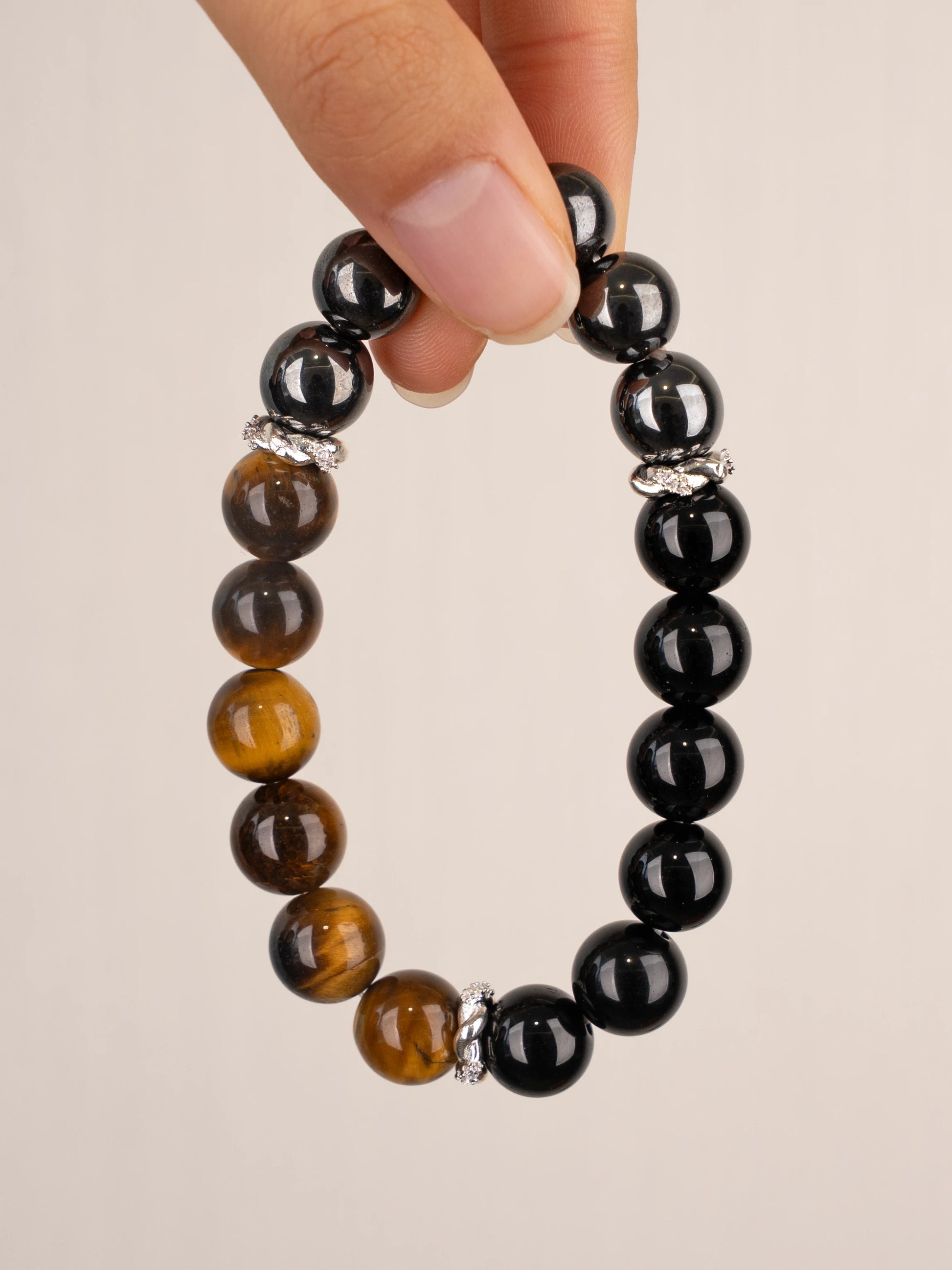 SENLLY Steel Focus - Beaded Stretch Bracelet with Natural Hematite, Black Agate & Tiger Eye, Handcrafted Natural Stone Jewelry for Strength, Grounding & Clarity