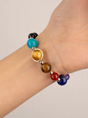 SENLLY Spectrum Guardian - Beaded Stretch Bracelet with Natural Gold Tiger Eye, Black Agate & Multi-Gem Highlights, Handcrafted Natural Stone Jewelry for Balance, Focus & Inner Strength