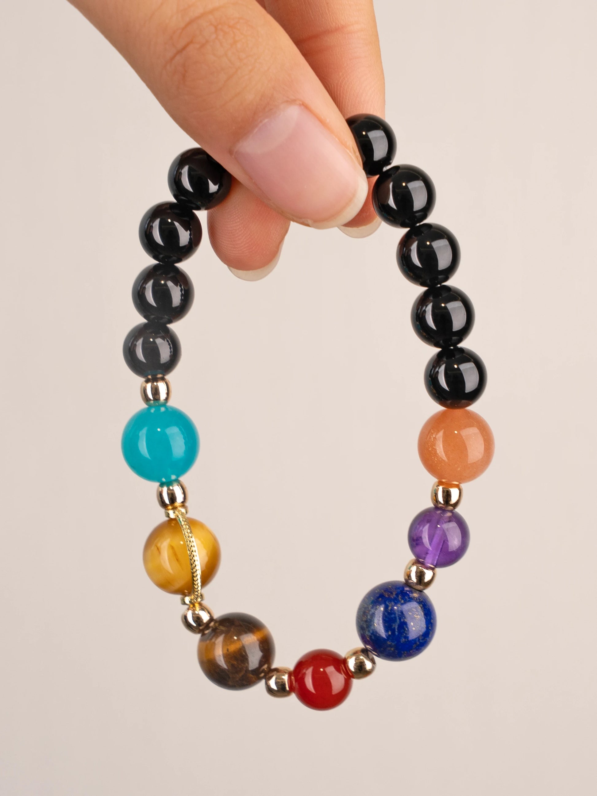 SENLLY Spectrum Guardian - Beaded Stretch Bracelet with Natural Gold Tiger Eye, Black Agate & Multi-Gem Highlights, Handcrafted Natural Stone Jewelry for Balance, Focus & Inner Strength