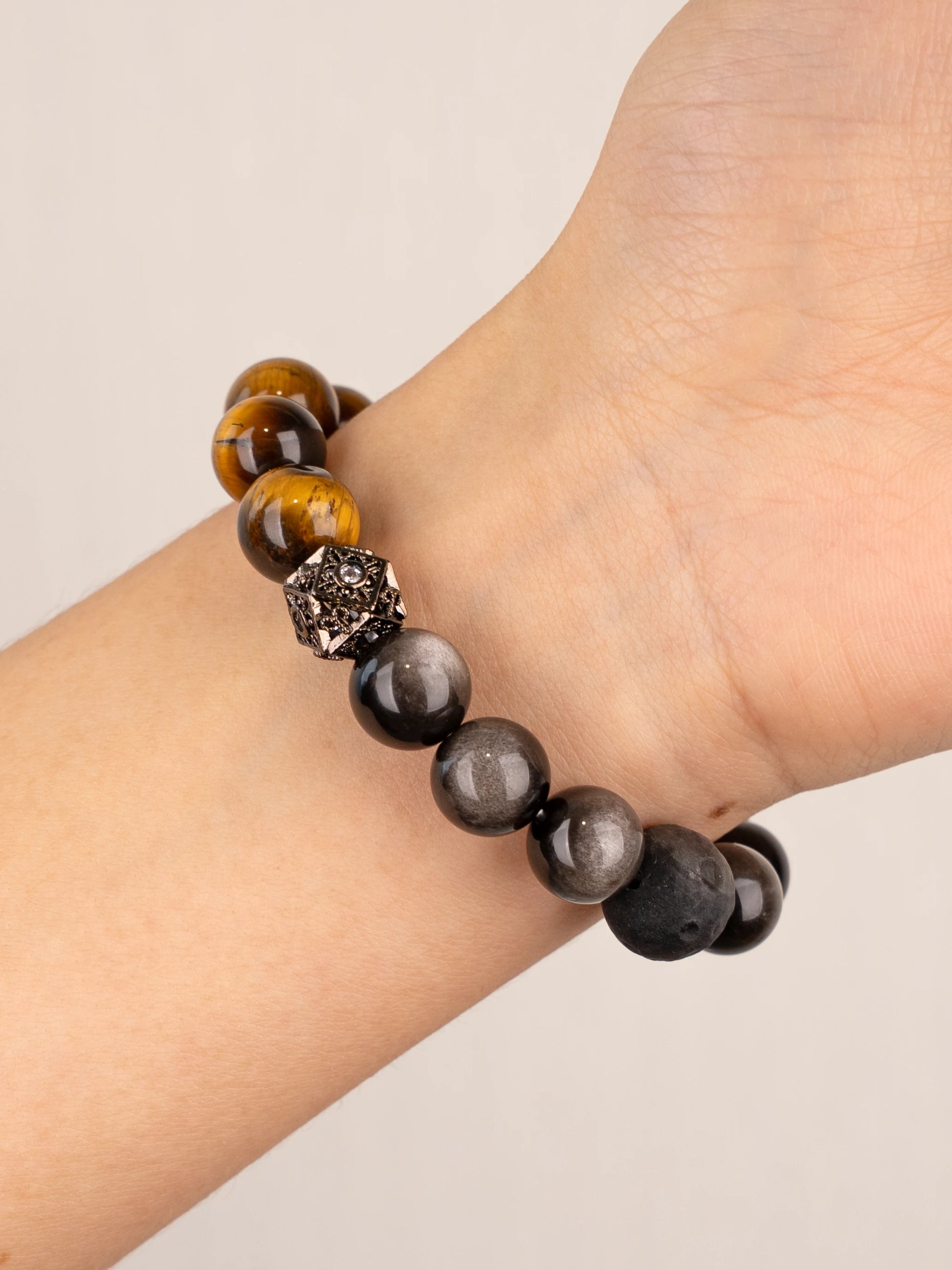 SENLLY Ember Balance - Beaded Stretch Bracelet with Tiger Eye & Silver Obsidian, Handmade Natural Stone Jewelry for Confidence, Grounding & Focus