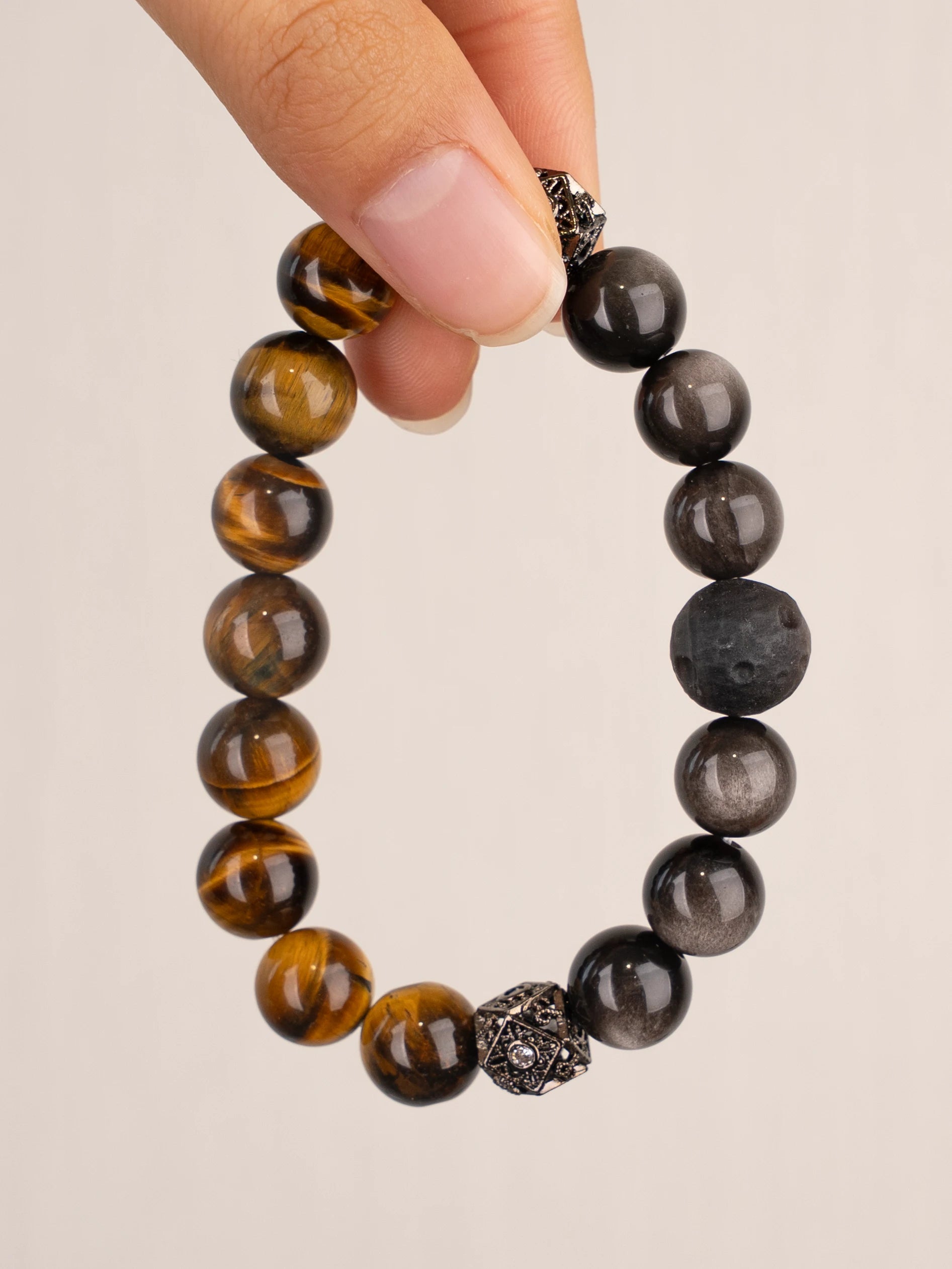 SENLLY Ember Balance - Beaded Stretch Bracelet with Tiger Eye & Silver Obsidian, Handmade Natural Stone Jewelry for Confidence, Grounding & Focus