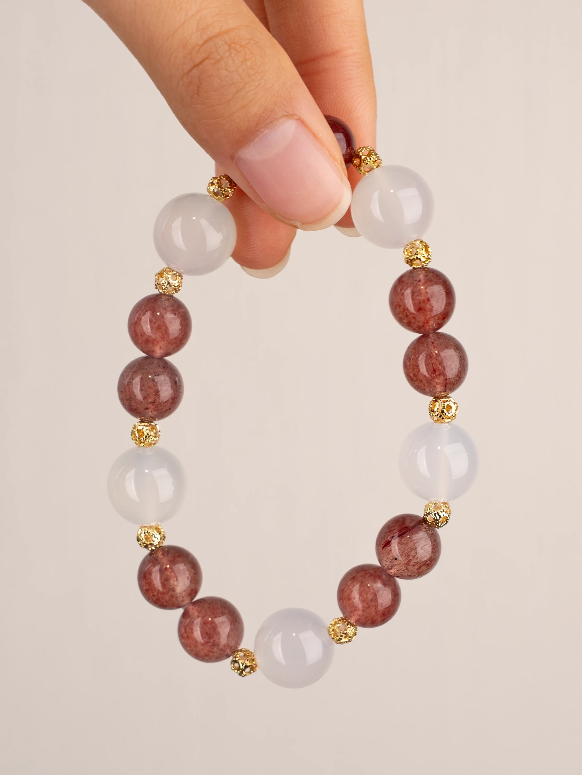 SENLLY Strawberry Bloom - Beaded Stretch Bracelet with Natural Strawberry Quartz & White Agate, Handcrafted Natural Stone Jewelry for Love, Calm & Emotional Balance