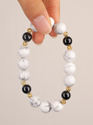 SENLLY Marble Clarity - Beaded Stretch Bracelet with Natural Howlite & Black Agate, Handcrafted Natural Stone Jewelry for Balance, Focus & Calm