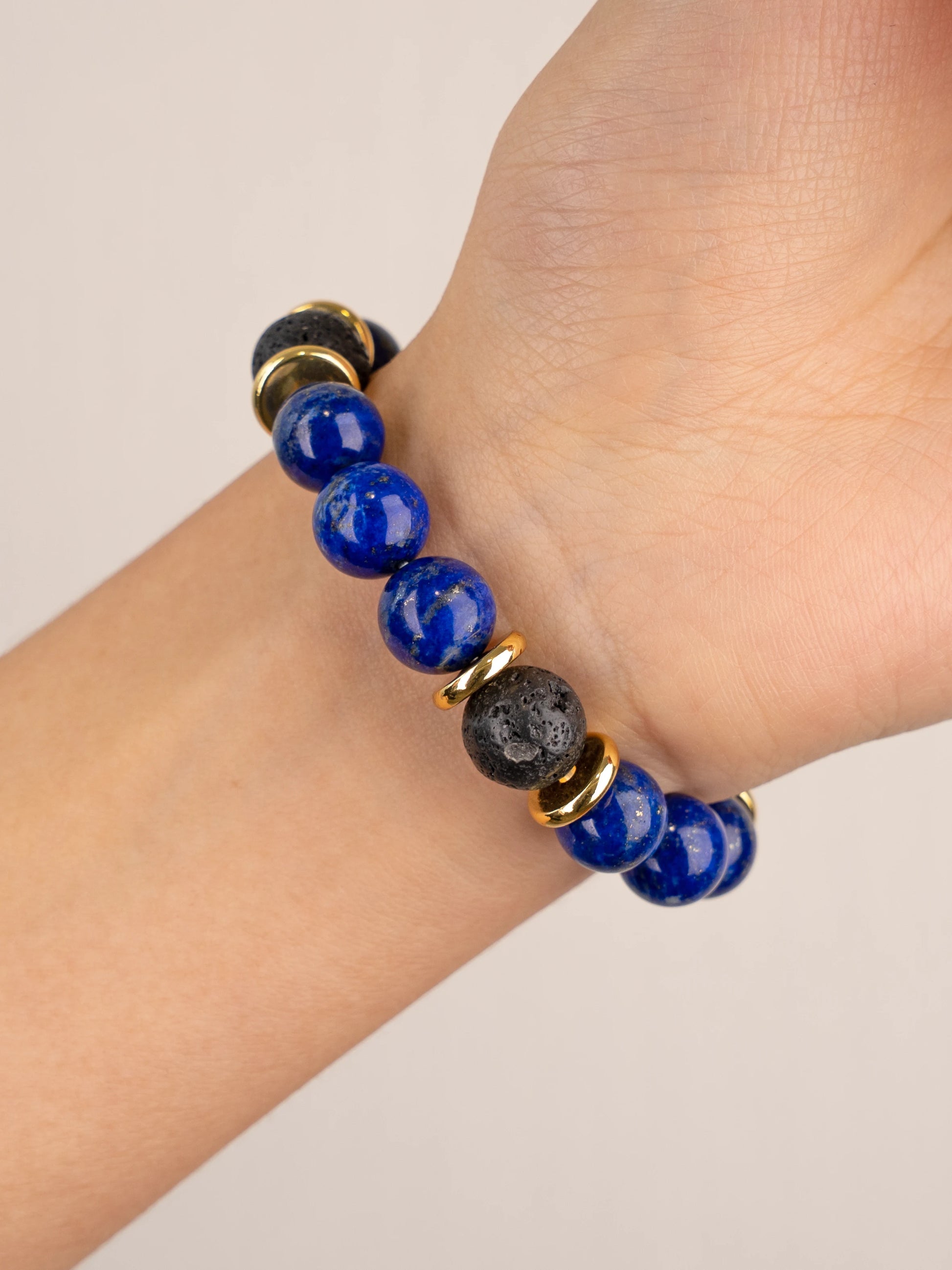 SENLLY Midnight Clarity - Beaded Stretch Bracelet with Lapis Lazuli, Lava Rock & Gold Accents, Handmade Natural Stone Jewelry for Focus, Balance & Grounding