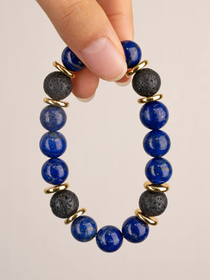 SENLLY Midnight Clarity - Beaded Stretch Bracelet with Lapis Lazuli, Lava Rock & Gold Accents, Handmade Natural Stone Jewelry for Focus, Balance & Grounding