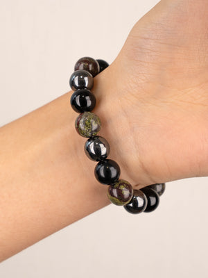 SENLLY Shadow Guardian - Beaded Stretch Bracelet with Natural Dragon Bloodstone, Black Agate & Hematite, Handcrafted Natural Stone Jewelry for Strength, Grounding & Clarity
