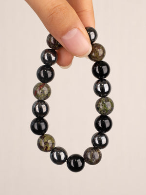 SENLLY Shadow Guardian - Beaded Stretch Bracelet with Natural Dragon Bloodstone, Black Agate & Hematite, Handcrafted Natural Stone Jewelry for Strength, Grounding & Clarity