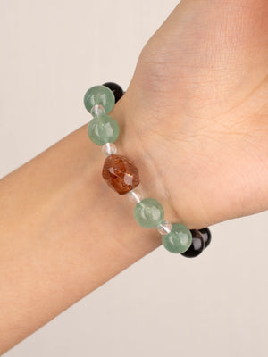 SENLLY Forest Shadow Harmony - Beaded Bracelet with Natural Green Strawberry Quartz, Silver Obsidian & Clear Quartz, Handcrafted Natural Stone Jewelry Featuring a Black Gold Super Seven Centerpiece