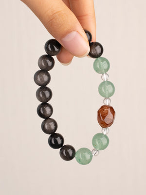 SENLLY Forest Shadow Harmony - Beaded Bracelet with Natural Green Strawberry Quartz, Silver Obsidian & Clear Quartz, Handcrafted Natural Stone Jewelry Featuring a Black Gold Super Seven Centerpiece