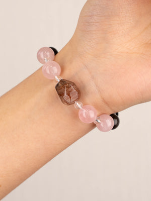 SENLLY Midnight Rose Aura - Beaded Bracelet with Natural Rose Quartz, Gold Obsidian & Clear Quartz, Handcrafted Natural Stone Jewelry Featuring a Black Gold Super Seven Centerpiece