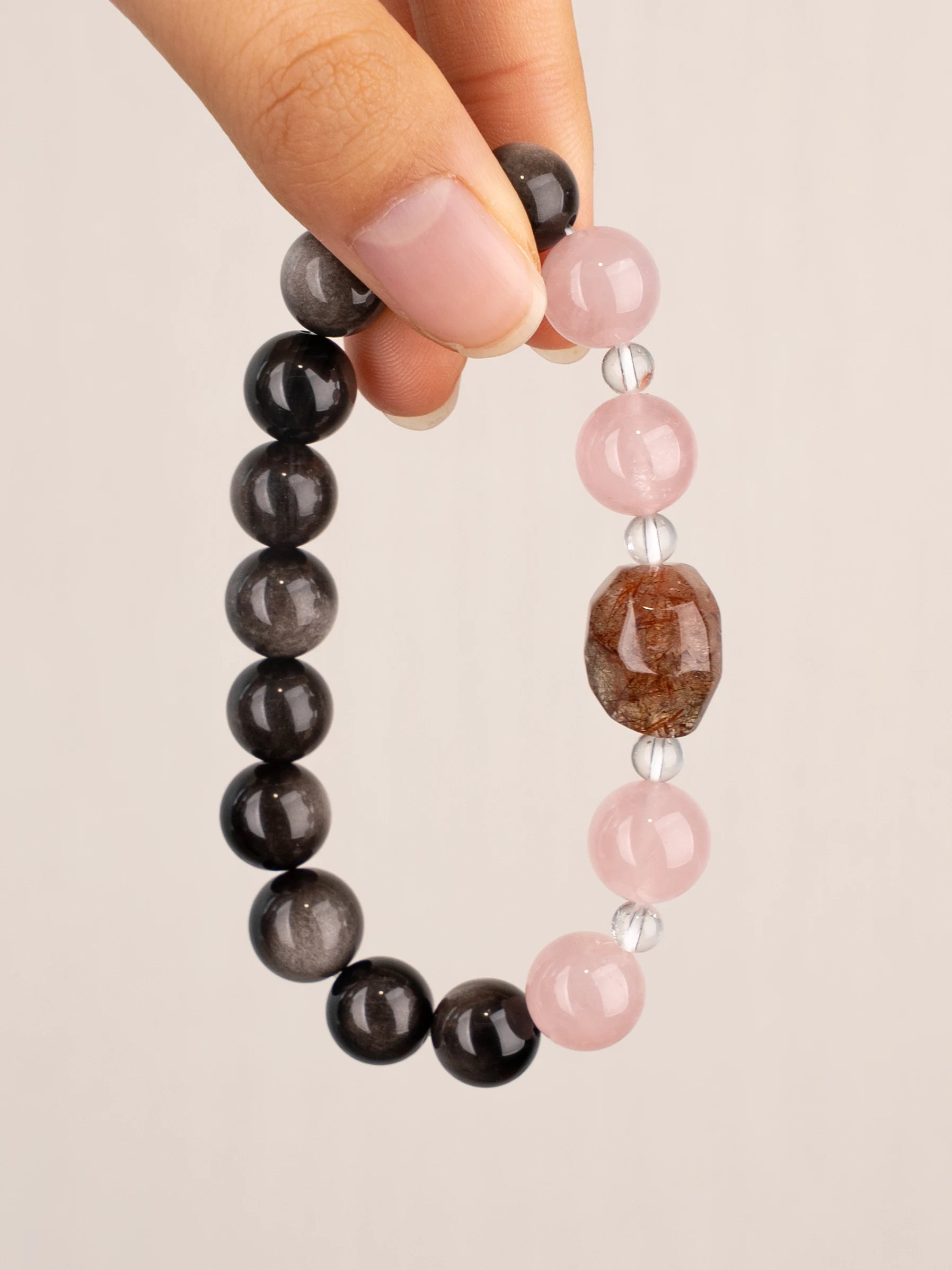 SENLLY Midnight Rose Aura - Beaded Bracelet with Natural Rose Quartz, Gold Obsidian & Clear Quartz, Handcrafted Natural Stone Jewelry Featuring a Black Gold Super Seven Centerpiece