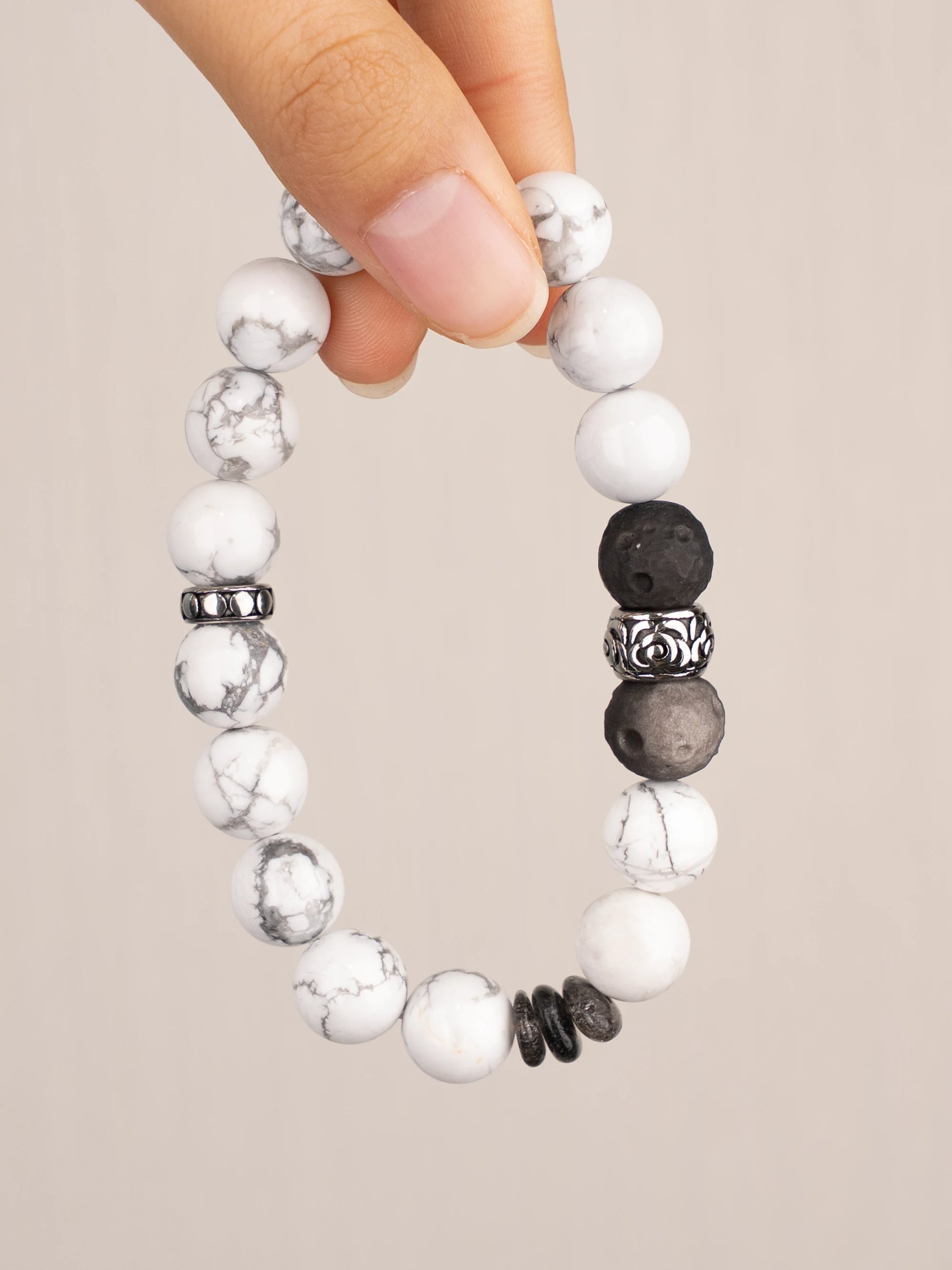 SENLLY Arctic Balance - Howlite & Silver Obsidian Bracelet, Handcrafted Natural Stone Jewelry for Calm Clarity & Modern Minimalism