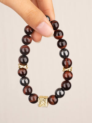 SENLLY Ember Square - Handmade Red Tiger Eye & Natural Hematite Bracelet with Gold Square Accent, Natural Stone Beaded Stretch Jewelry