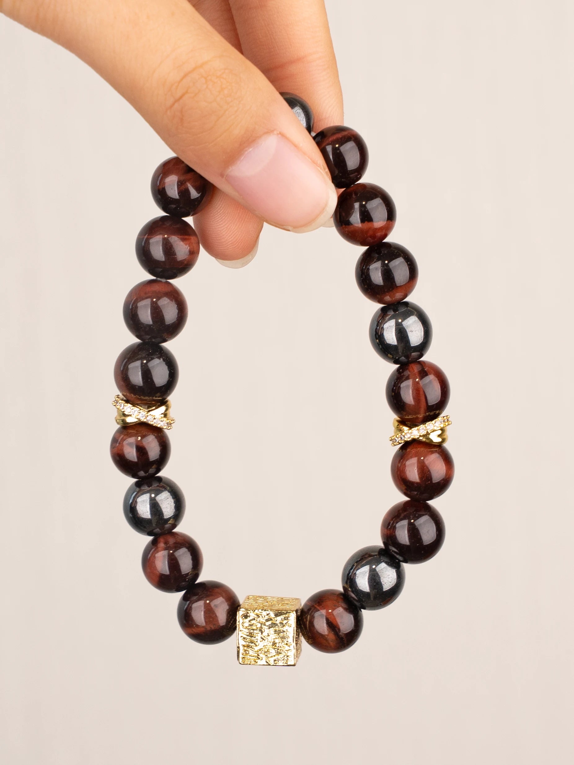 SENLLY Ember Square - Handmade Red Tiger Eye & Natural Hematite Bracelet with Gold Square Accent, Natural Stone Beaded Stretch Jewelry