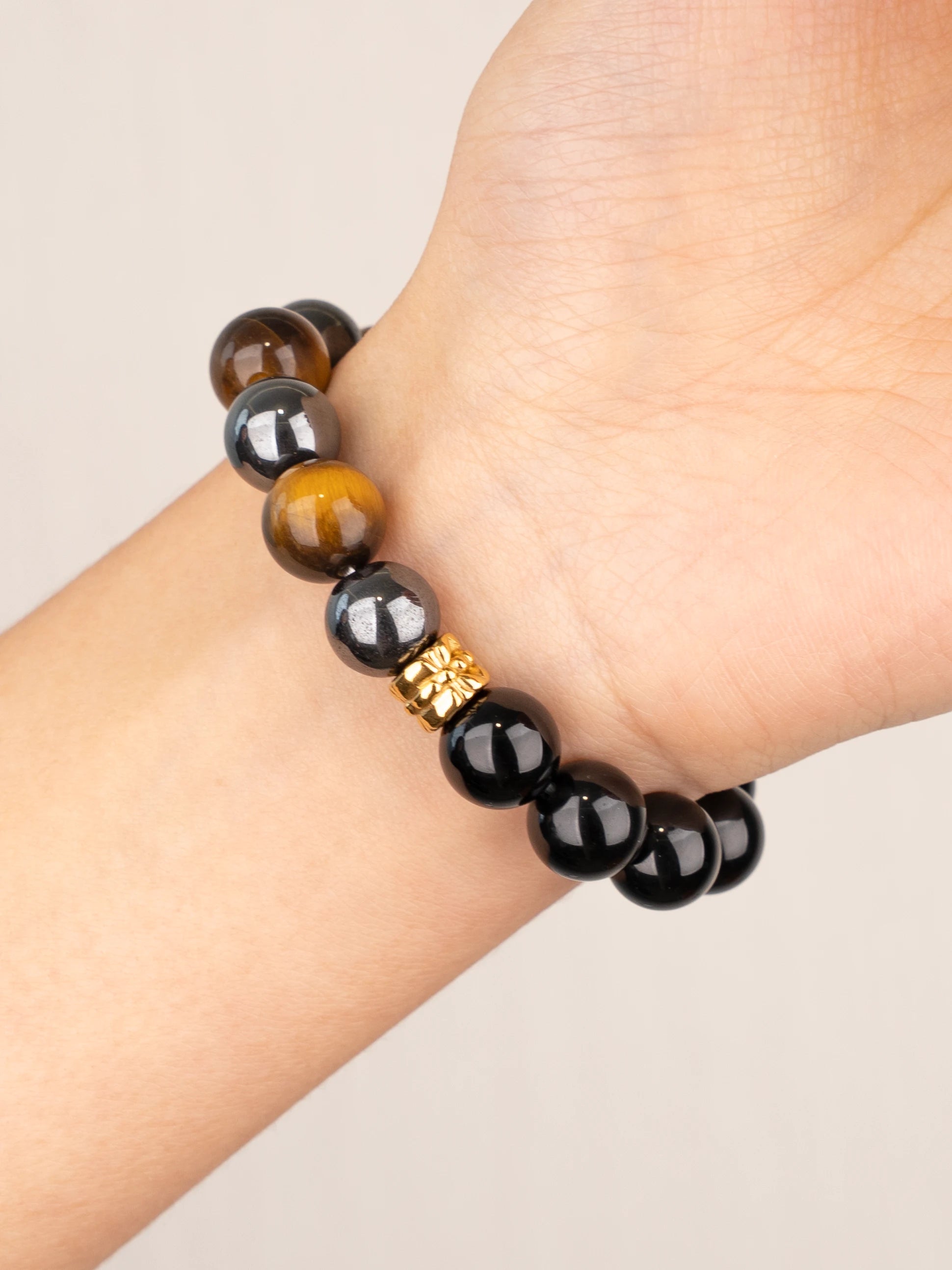 SENLLY Ironclad Focus - Beaded Stretch Bracelet with Natural Black Agate, Tiger Eye & Hematite, Handcrafted Natural Stone Jewelry for Strength, Protection & Clarity