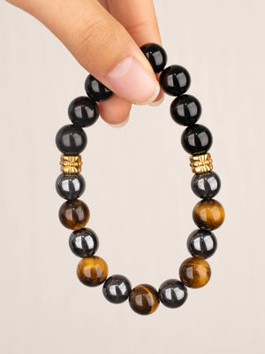 SENLLY Ironclad Focus - Beaded Stretch Bracelet with Natural Black Agate, Tiger Eye & Hematite, Handcrafted Natural Stone Jewelry for Strength, Protection & Clarity