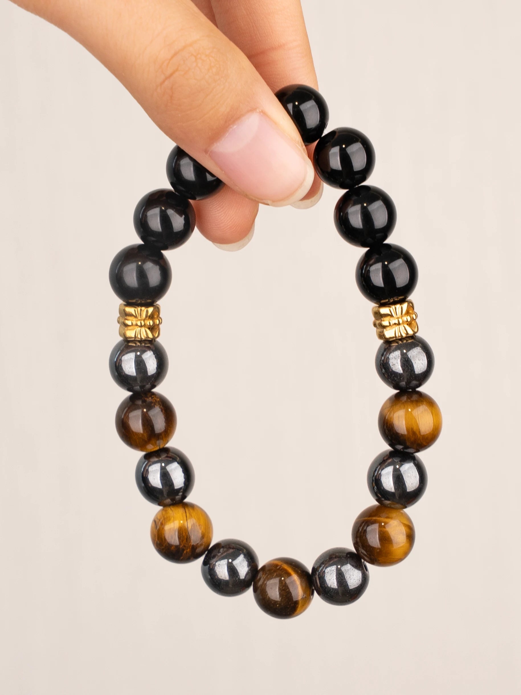 SENLLY Ironclad Focus - Beaded Stretch Bracelet with Natural Black Agate, Tiger Eye & Hematite, Handcrafted Natural Stone Jewelry for Strength, Protection & Clarity