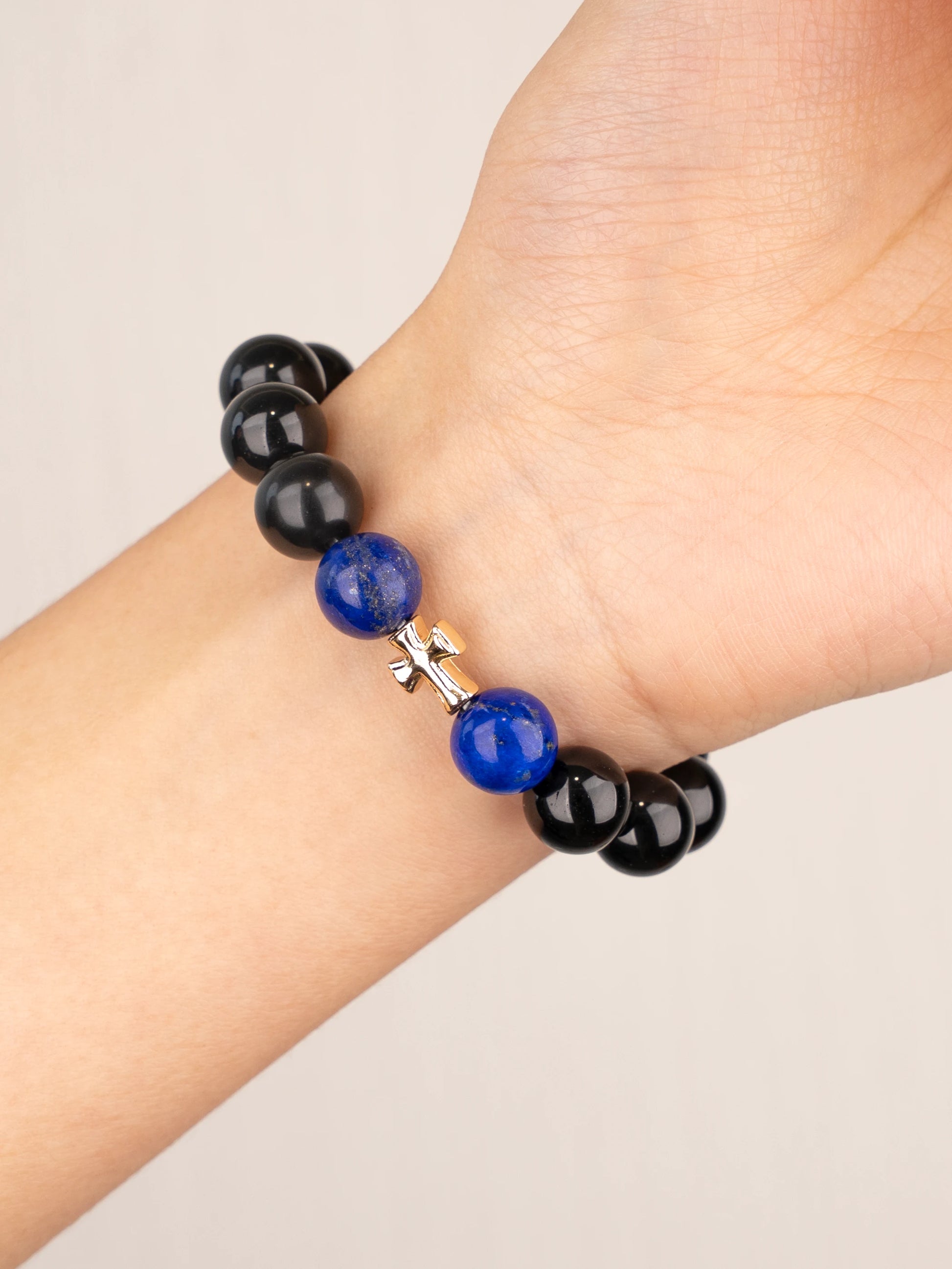 SENLLY Midnight Cross - Beaded Stretch Bracelet with Lapis Lazuli & Black Agate, Handcrafted Natural Stone Jewelry with Gold Accents for Strength, Clarity & Modern Style
