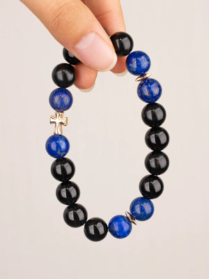 SENLLY Midnight Cross - Beaded Stretch Bracelet with Lapis Lazuli & Black Agate, Handcrafted Natural Stone Jewelry with Gold Accents for Strength, Clarity & Modern Style