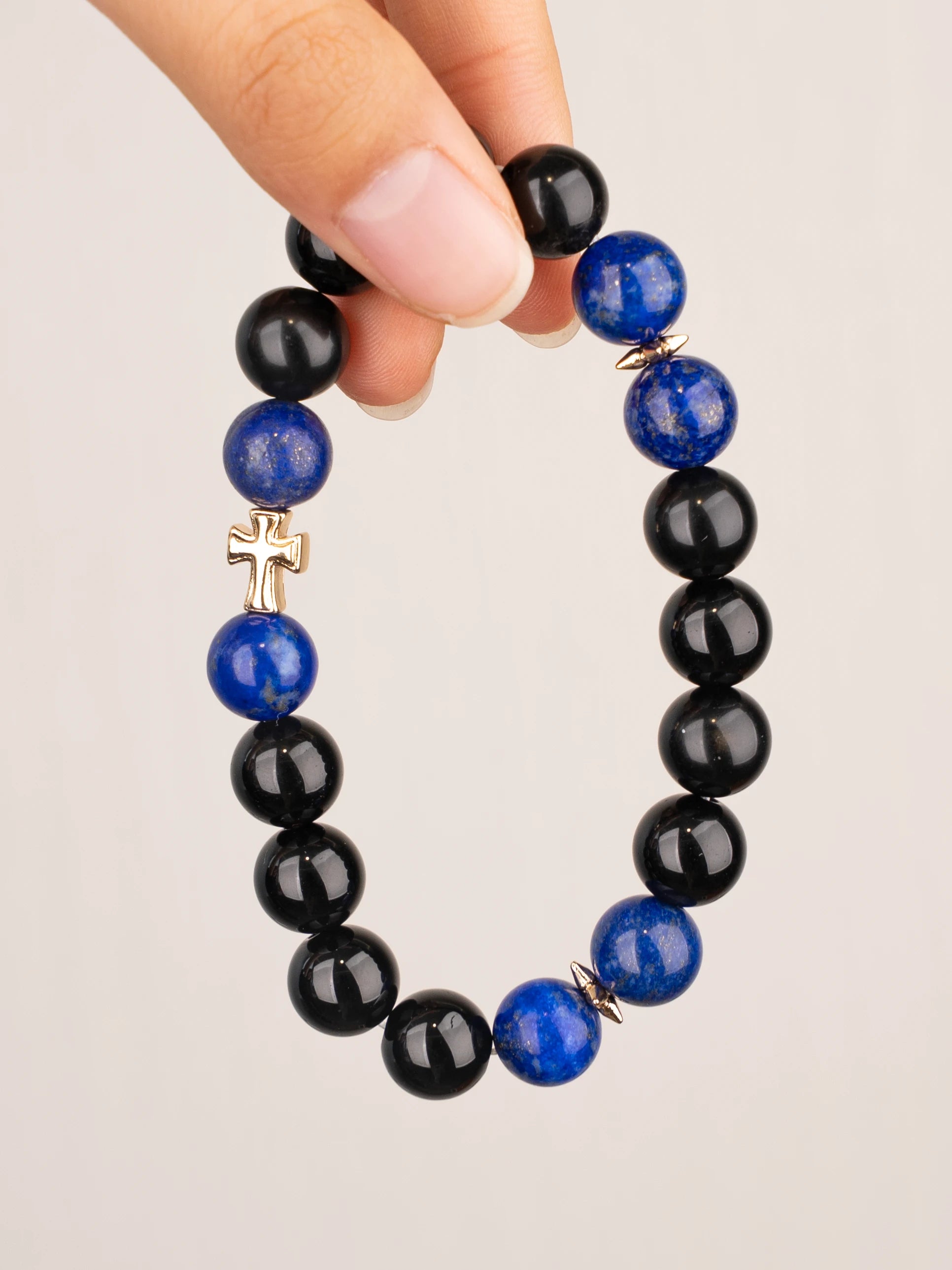 SENLLY Midnight Cross - Beaded Stretch Bracelet with Lapis Lazuli & Black Agate, Handcrafted Natural Stone Jewelry with Gold Accents for Strength, Clarity & Modern Style