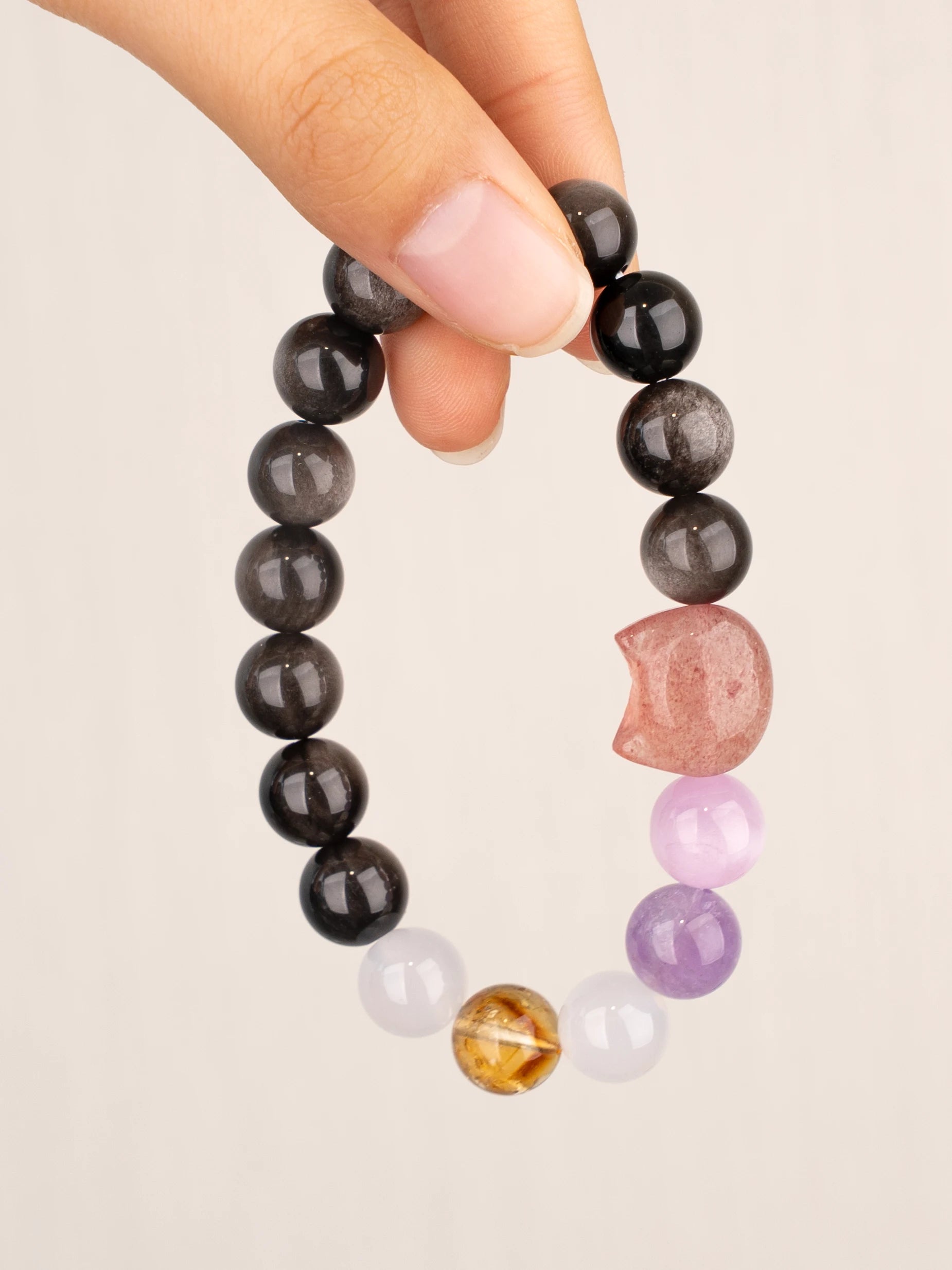 SENLLY Mystic Paws - Beaded Stretch Bracelet with Natural Silver Obsidian, Strawberry Quartz & Kunzite, Handcrafted Natural Stone Jewelry for Calm, Balance & Emotional Clarity