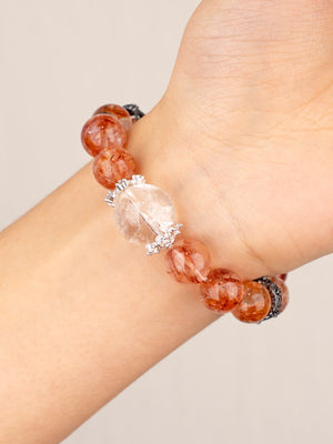 SENLLY Sunlit Harmony - Beaded Stretch Bracelet with Natural Red Hematoid Quartz & Clear Quartz, Handcrafted Natural Stone Jewelry for Vitality, Clarity & Emotional Balance