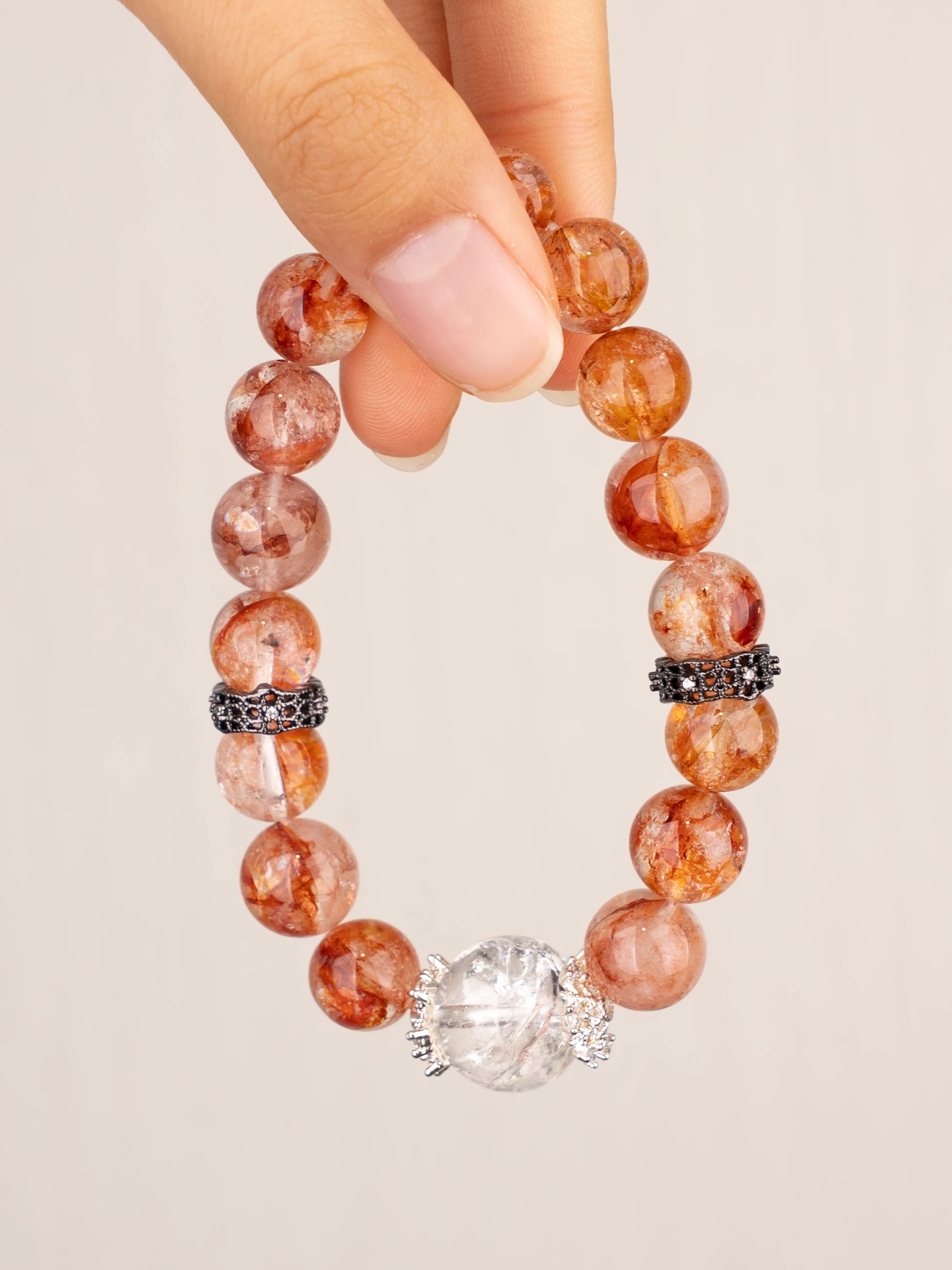 SENLLY Sunlit Harmony - Beaded Stretch Bracelet with Natural Red Hematoid Quartz & Clear Quartz, Handcrafted Natural Stone Jewelry for Vitality, Clarity & Emotional Balance